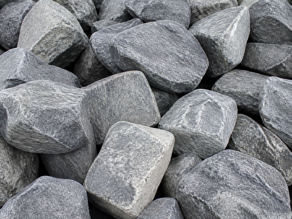 Close-up of large angular gray riprap rocks