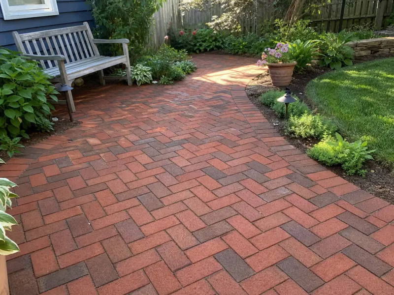 Red clay brick pavers in a herringbone residential garden path