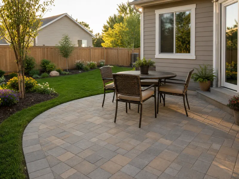 Concrete paver patio in a landscaped residential backyard