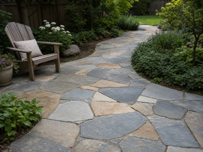 Natural bluestone and limestone path in a residential garden