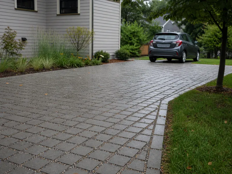 Permeable concrete paver driveway with aggregate-filled joints