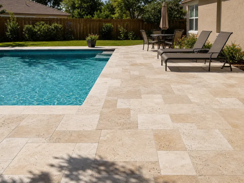 Light travertine pavers installed around a residential swimming pool