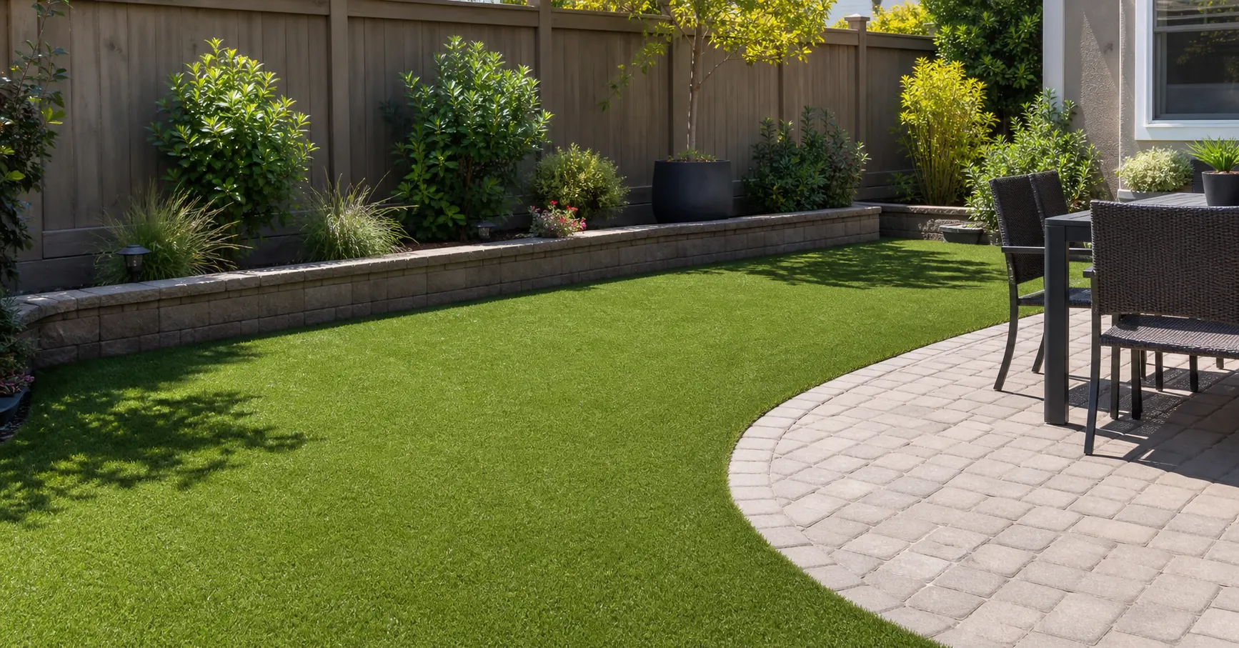 Installed artificial grass in a residential patio yard