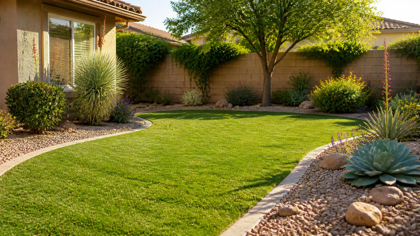 Healthy lawn in a warm dry-climate residential yard