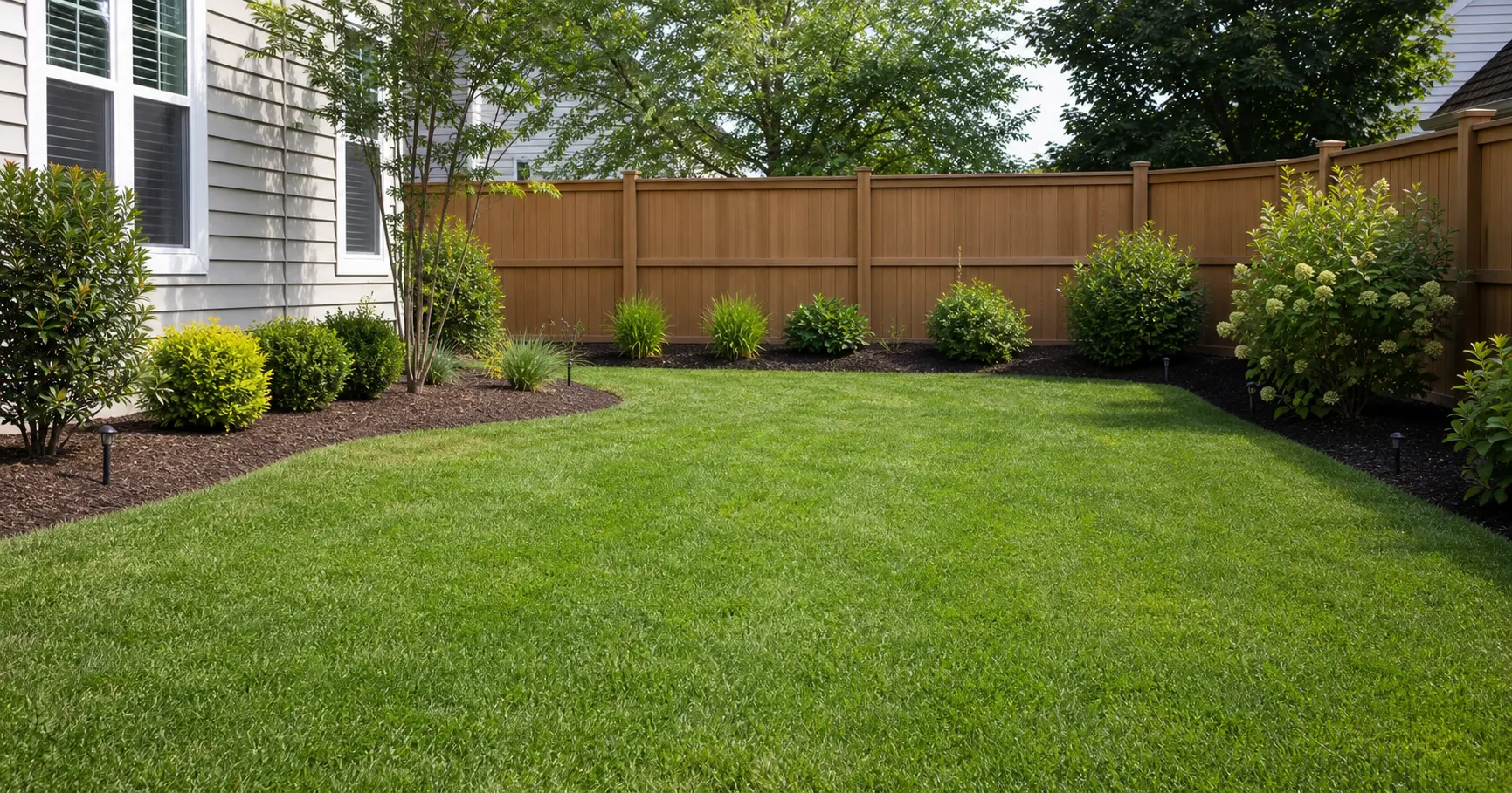 Neat simple residential lawn with clean landscaping