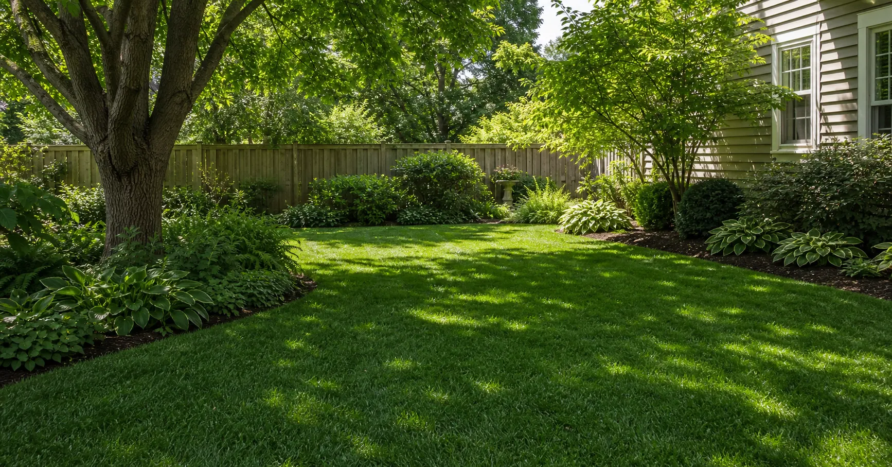 Maintained residential lawn with dappled tree shade