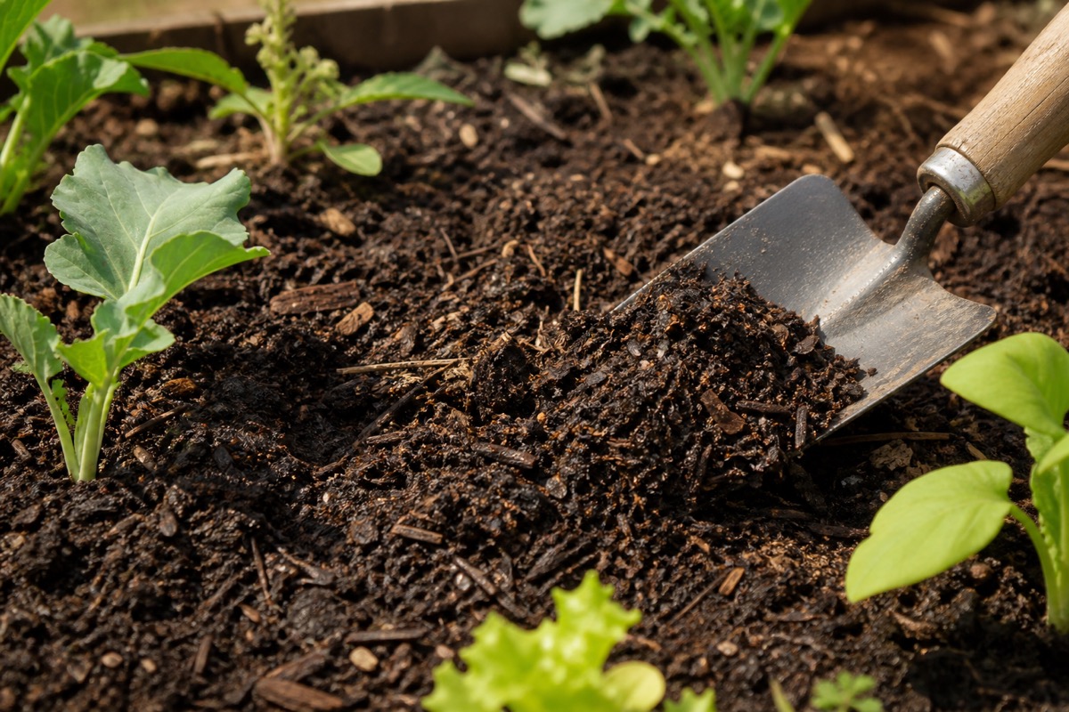 Compost-rich garden soil mix in a vegetable bed
