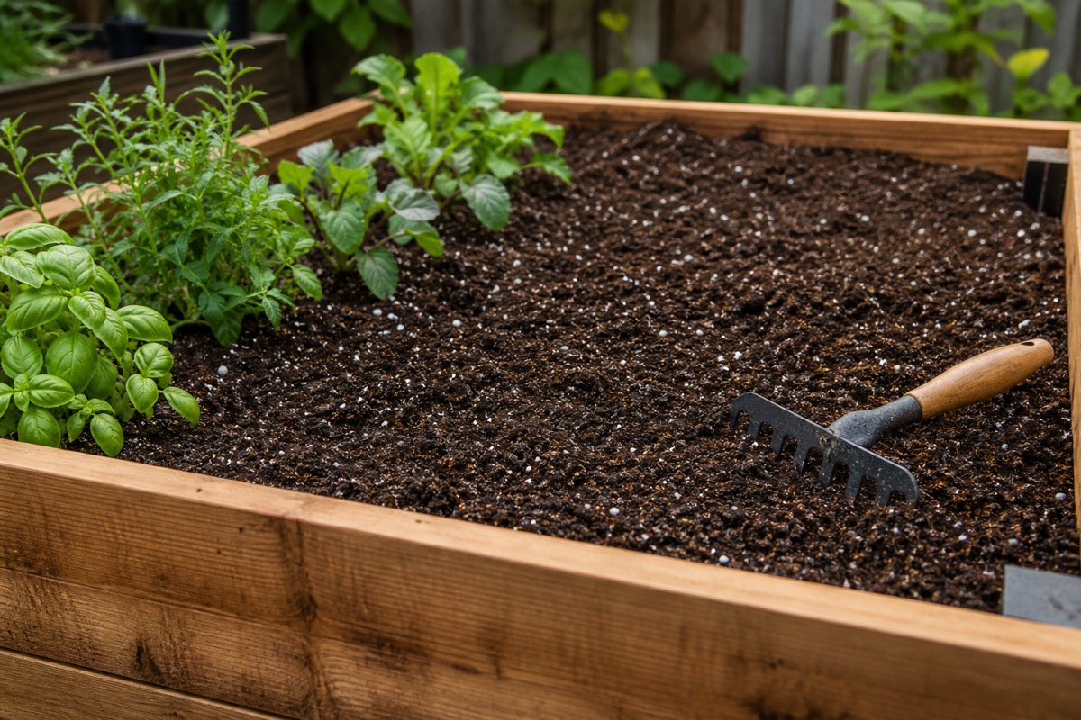 Lawn topsoil spread over a prepared grass seed patch