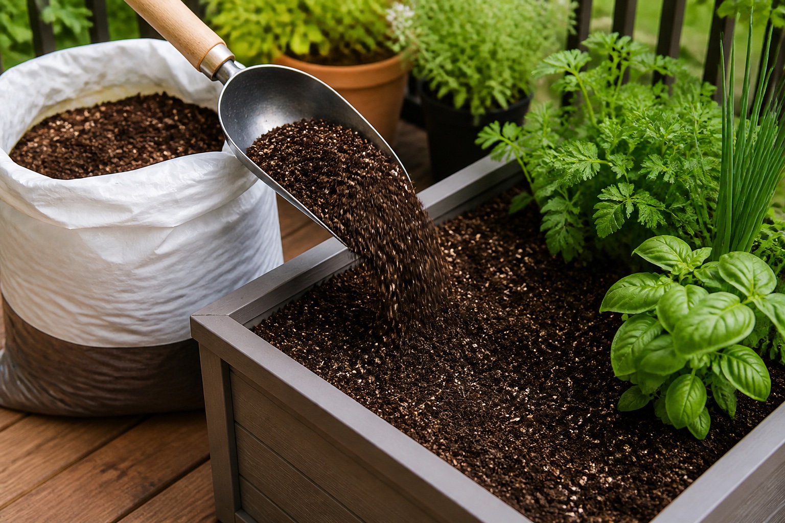 Loose potting mix being added to a patio planter with herbs