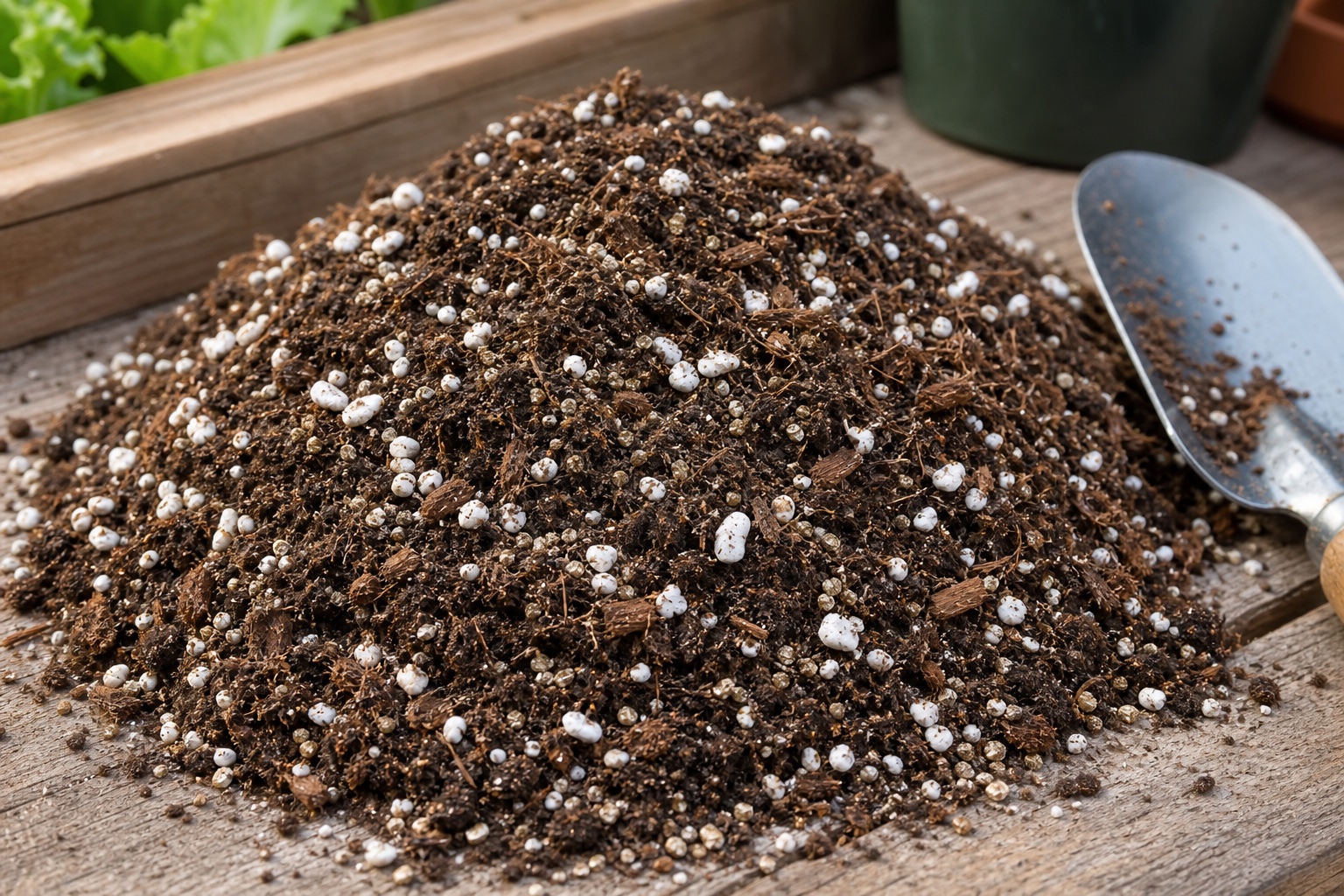 Garden soil mixed with perlite, coco coir fibers, and vermiculite on a potting bench